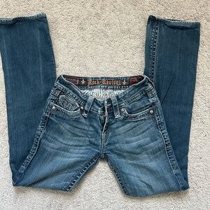 Rock Revival Boot Flare Jeans Women's 28  Dark Wash Blue Denim Embroidered